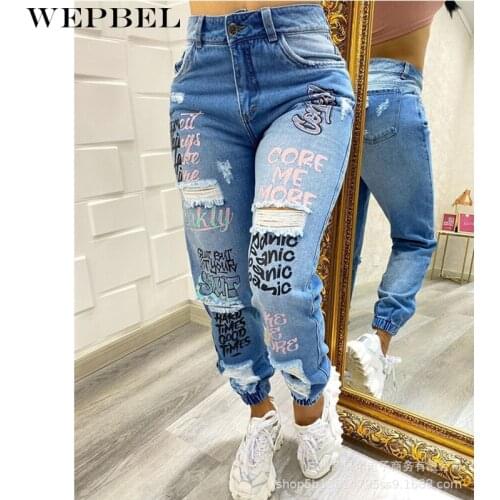 WEPBEL Plus Size Women High Waist Letter Print Ripped Jeans Ladies Hip Hop Hole Straight Denim Pants Trousers