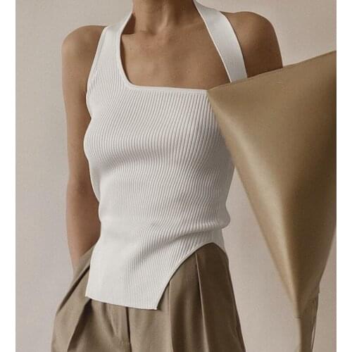 New Women Sexy Sleeveless Irregular Solid Color Knitted Halterneck Slim Halter Vest
