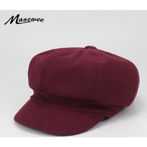 Retro Elegant Winter Female Beret Duckbill Ivy Cap Woman Girl Flat Cabbie Newsboy Warm Hat Black/Wine Artist cotton Women Hat