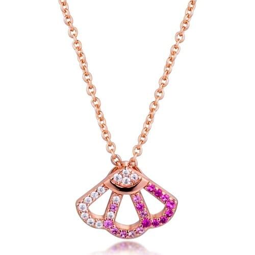 Genuine 925 Sterling Silver Chain Necklaces for Women Pink Fan Collier Pendant Necklace Party Wedding Gift Fine Jewelry N017