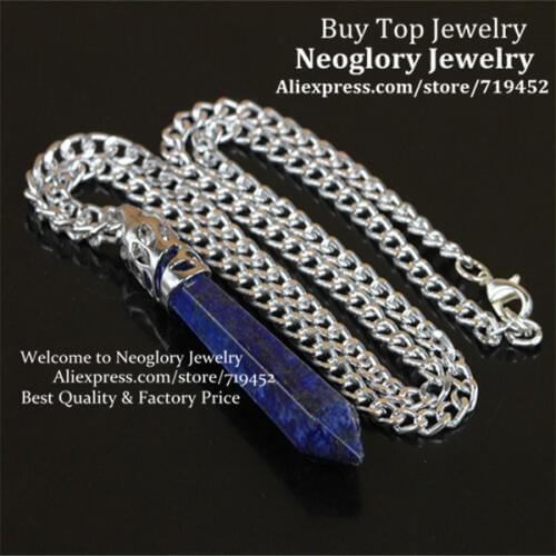 10PCS Natural Lapis Lazuli Gems Long Point Pendulum Pendant,Hexagon Healing Chakra Reiki Quartz Wand Pendulum Pendant Necklace