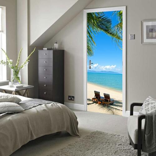 3D Blue Sky White Clouds Beach Coconut Trees Door Sticker Wallpaper Wall Sticker Custom Photo Wall Painting Door Home Decor
