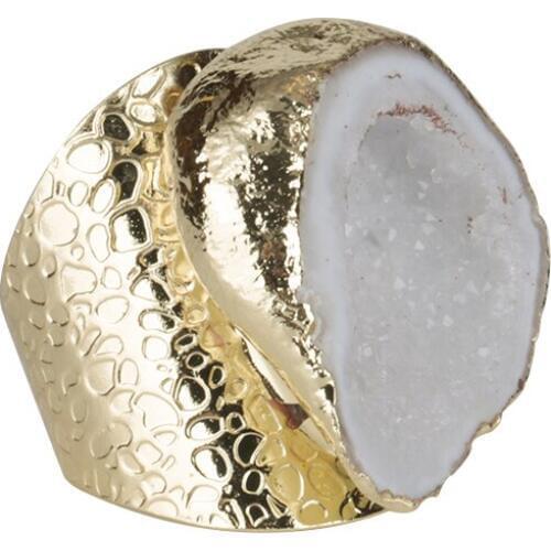 Pure Gold Color Rough Raw White Clear Geode Quartz Crystal Stone Slice Bead Charm Adjustable Open Hammered Ring Cuff for Women
