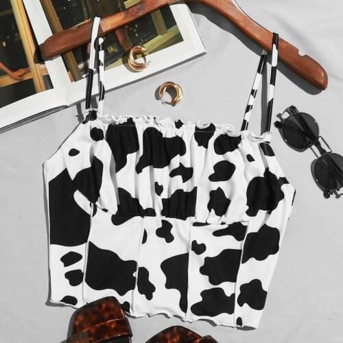 26# Geometric Cow Pattern Sling T-shirt Top Womens Casual O-neck Back Printing Tops Camisole Shirt Vest Spaghetti Strap T-shirt