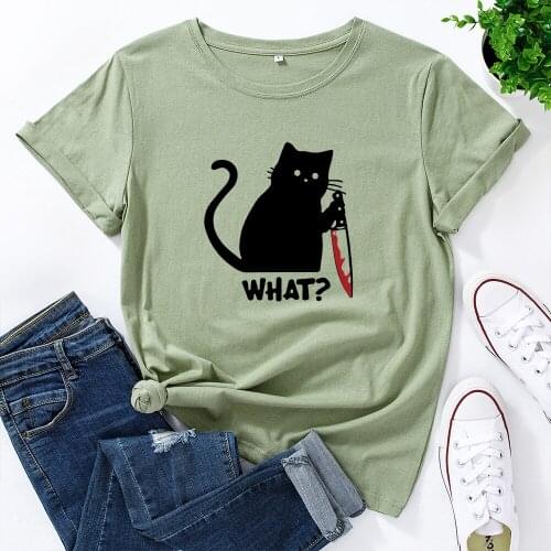 Womens Graphic Tees Cotton Short Sleeve Crew Neck Loose T Shirt Plus Size Tops Female Summer Casual Clothes Black Cat What