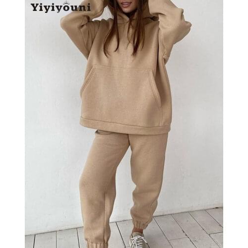 Yiyiyouni Thickened Fleece Hooded Sweatshirt and Pants Two Pieces Set Women Autumn Winter Casual Solid Sweatpants Female Outfits