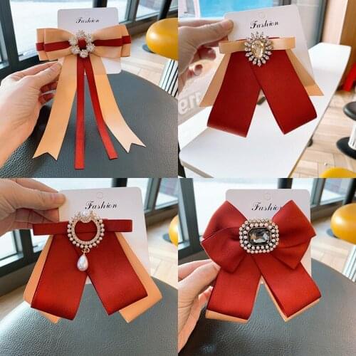 Red College Style Bow Tie Girl Womens Korean British Shirt Dress Accessories Ribbon Crystal Pin Retro Fashion Jewelry Corsage