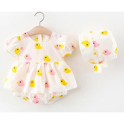 Cute Chick Printed Baby Girls Boys Outfits Short Sleeve Bodysuit Hat Sets Cartoon Animal Newborn Clothing Outfit Set 2021 Summer
