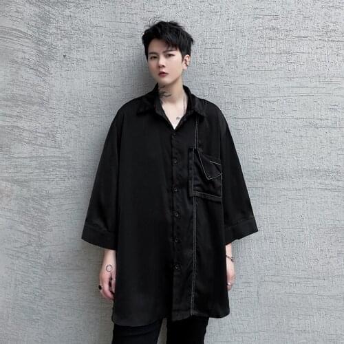 Summer Punk rock shirt men Black color Loose Three quarter Barber DJ clothing