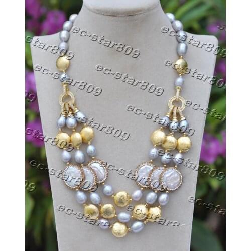Z11427 3Row 21" 28mm White Coin CZ Gold-plating Coin Gray Rice Pearl Necklace