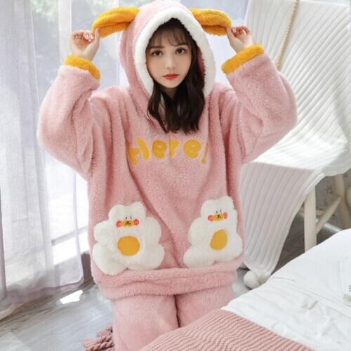 Pajamas women autumn and winter thickened flannel cute cartoon girl home service suit coral fleece women sleepwear pjs pyjamas