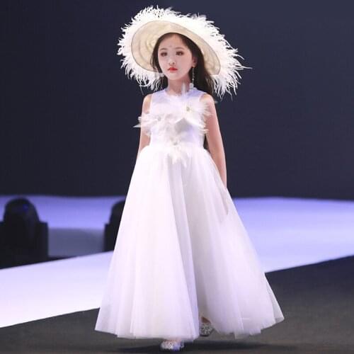 Flower Girl Dresses Illusion Sleeveless O-Neck Tulle Lace Crystal Princess Floor-Length Luxury Elegant White Kid Party Gown H596