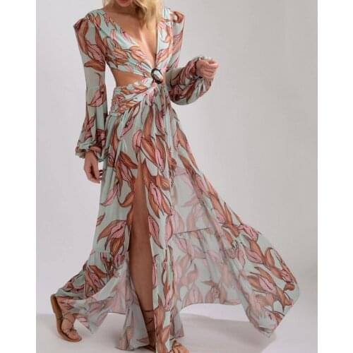 Sexy Long Beach Dress Hollow Out Boho Deep V Neck Dress Women 2021 Spring Red Flower Print Ruffle Party Long Sleeve Maxi Dresses