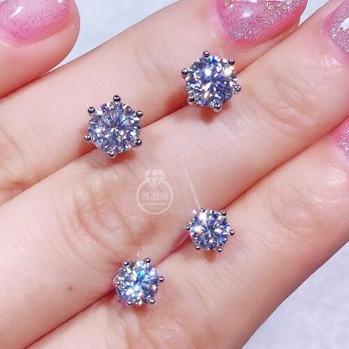 Real Moissanite Earring DF VVS1 Simple 6 Prong Round Studs Earrings 0.5ct 1.0ct 18K White Gold Plated 925 Silver