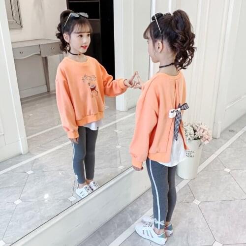 Baby Girls Clothing Set 2021 Spring Fall Teenage Girls Cartoon Pattern Bow Tops+Leggings School Kids Fashion Clothes Tracksuits