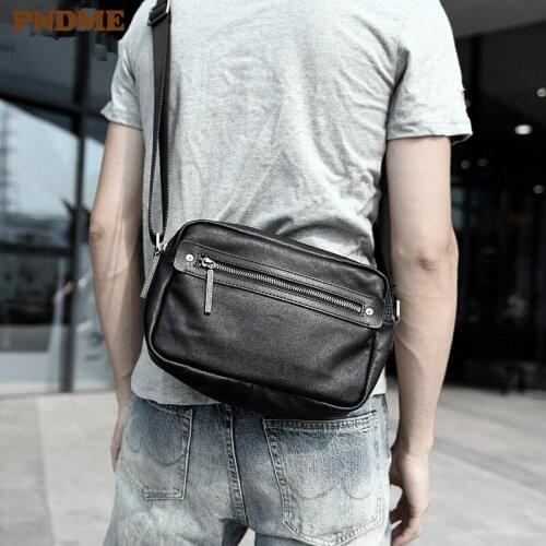 Casual genuine leather mens daily shoulder bag fashion trend high quality natural real cowhide teen double zipper messenger bag