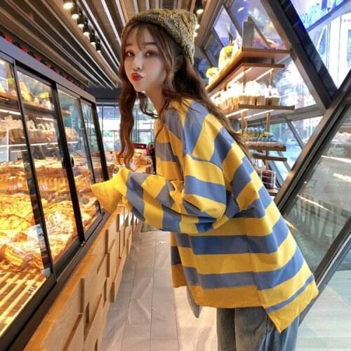 Striped Hoodies Women Casual Loose Patchwork Split Polyester Sweatshirts Women O-Neck Long Sleeve Tops for Women Spring 2021