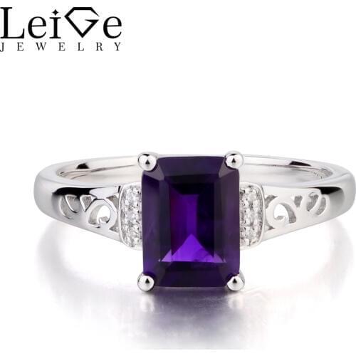 Leige Jewelry Natural Amethyst Ring Promise Rings Emerald Cut Purple Gemstone February Birthstone Genuine 925 Sterling Silver