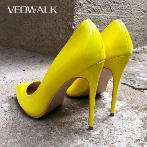 Veowalk Solid Color Women Yellow Patent Leather Stiletto High Heels Elegnat Ladies Pointed Toe Pumps Fashion Wedding Party Shoes