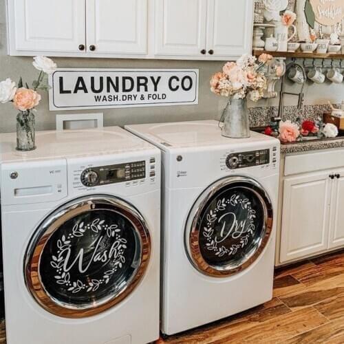 Laundry Room Decor "Wash" "Dry" Vinyl Decal Set, Washing Machines Farmhouse Laundry Decor With Floral Wreath 13.5 Inch E830