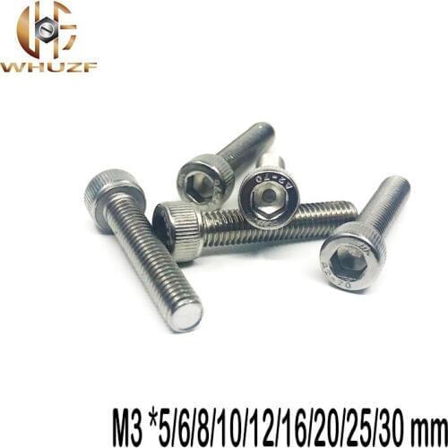 100pcs Hex Socket Screw M3 *5/6/8/10/12/16/20/25/30 mm 304 Stainless Steel Hexagon Socket Head Cap Screws Metric Bike Screw