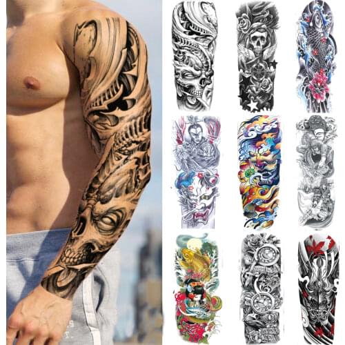 Waterproof Fake Tattoos Stickers Skull Rose Wolf Large Size Full Arm Sleeve Temporary Tattoos for Men Women Body Art Sticker