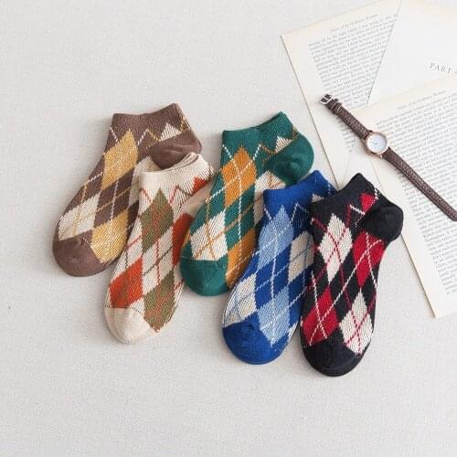 Spring/Summer Womens Cotton Socks Double Needle Two-way Retro Checkered European and American British Style Shallow Mouth Socks