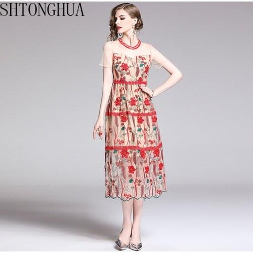 SHTONGHUA 2019 Sexy embroidery Lace Party Dress Women Hollow Out Patchwork A-Line Dresses Ladies Short Sleeve Midi Beach Dress