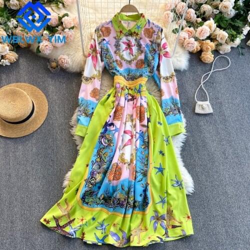 Fashion Bohemia Print Shirt Dress Women Lapel Long sleeve Mid Long Dress Female Spring Vintage Slim A-Line Vacation Dresses