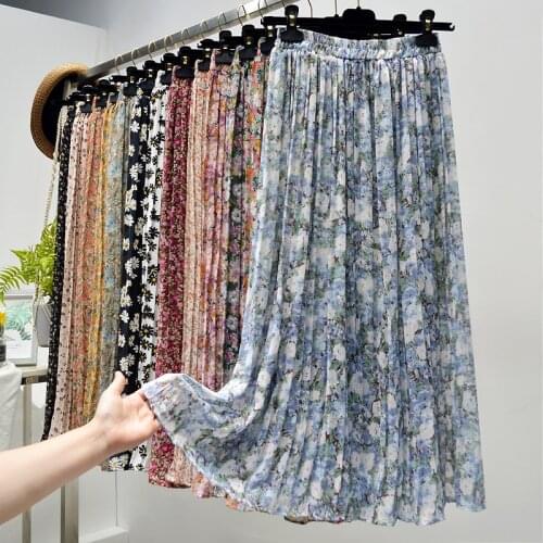 2021 New Womens Summer Dress Retro Floral Print Chiffon Pleated Stretch Skirt Flower High Waist Casual Beach Midi Skirt Women