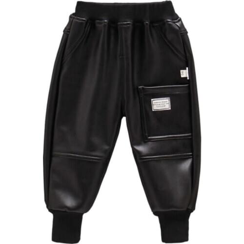 Winter baby boys PU leather trousers 1-5T little kids pants plush inside waterproof fashion chidlren outfit infant trousers pant