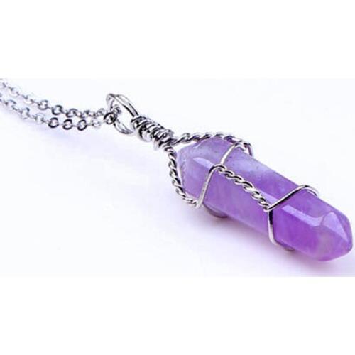 100-Unique 1 Pcs Silver Plated Wire Wrap Natural Purple Amethysts Hexagon Column Pendant Necklace With Chain Jewelry