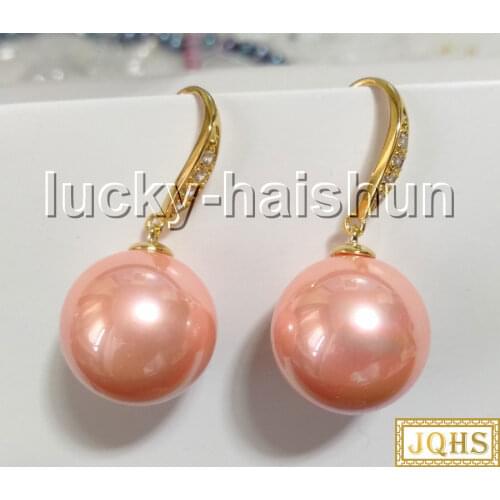 AAA Dangle 14mm 16mm round pink south sea shell pearls Earrings filled gold hook c93
