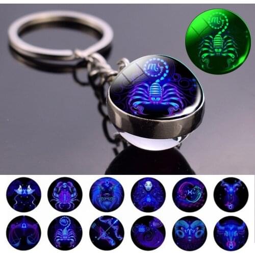 Glowing 12 Constellation Keychain Luminous Glass Ball Pendant Zodiac Key Rings Jewelry Birthday Gift Scorpio Leo Libra Keyrings