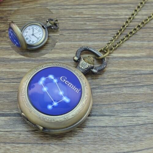 Bronze 12 Constellation design Necklace pocket watch Fashion Jewelry Pendants fob watches for men women Christmas birthday Gift