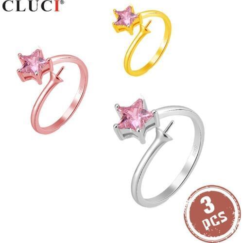 CLUCI 3pcs 925 Sterling Silver Star Pearl Ring Mounting for Women Silver 925 Purple Zircon Jewelry Adjustable Rings SR2139SB