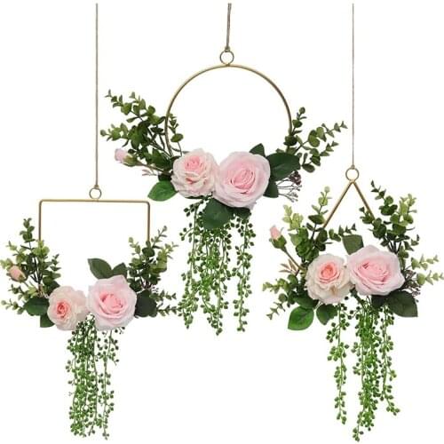 Floral Hoop Wreath Set of 3 Artificial Rose Flowers and Eucalyptus Hanging Wall Hoop Garland for Wedding Wall Decor