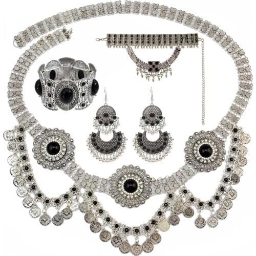 Gypsy Indian Necklace Afghan Oxidized Tassel Coin Jhumka Earrings&Bracelet&necklace&Waist Belly Chains Boho Turkish Jewelry Sets
