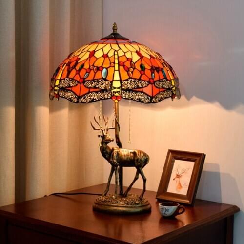 European retro creative deer lamp Tiffany colored glass living room dining room bar Red Dragonfly decorative table lamp