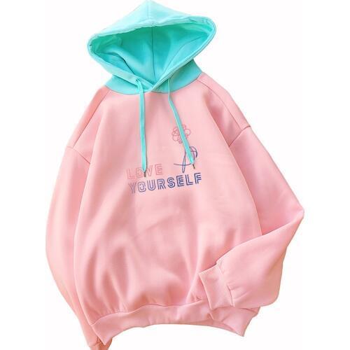 LOVE YOURSELF Floral Print Sweatshirt Women Korean Kpop Bangtan Boys Hoodies Casual Streetwear Fleece Sepll Color Spliced Hooded