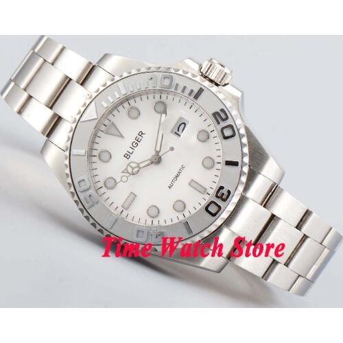 Bliger 40mm white dial luminous saphire glass silver ceramic Bezel Automatic movement mens watch men 196