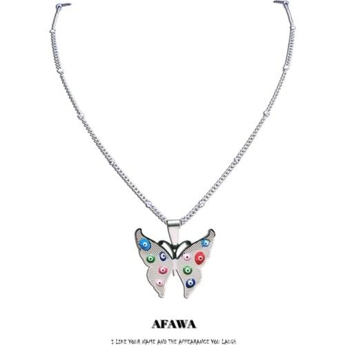Stainless Steel Islam Colorful Turkey Eyes Butterfly Necklace Chain Women Silver Color Necklace Jewelry ojo turco N5223S04