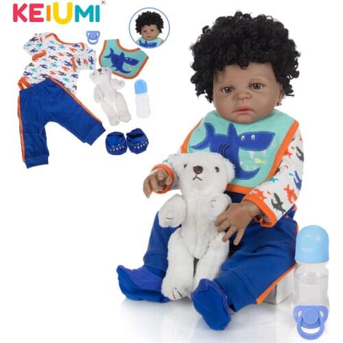 KEIUMI Realistic 23 Inch Silicone Reborn Baby Full Body Silicone Vinyl Boy 57 cm Reborn Meninos Black Skin Ethnic kids Playmate