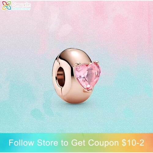 Smuxin 925 Sterling Silver Beads Pink Heart Solitaire Clip Charm fit Original Pandora Bracelets for Women Jewelry Making Gift