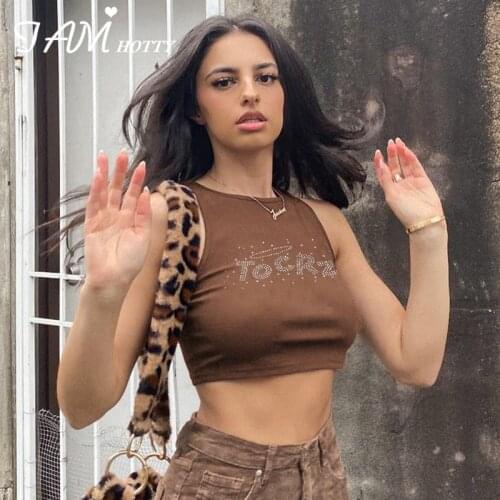 Rhinestones Letter Printed Brown Harajuku Basic Tank Top Women Casual Short Crop Cami Summer Sports y2k Vest Ladies 2021Iamhotty