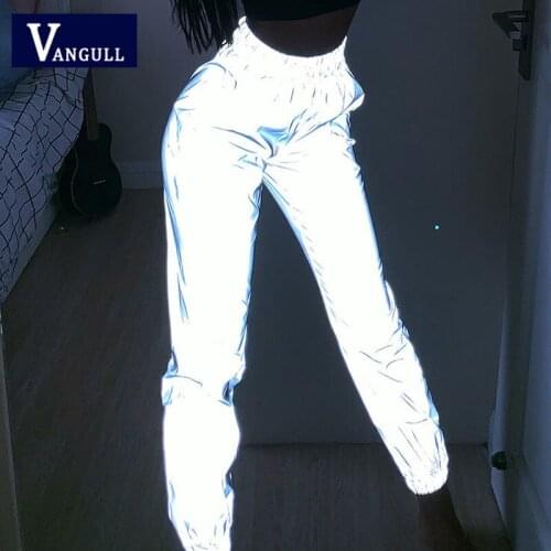 Vangull New Reflective Long Pants Women Elastic Waist Female Sports Trousers Lady Spring Street Style Fashion Baseball Pants