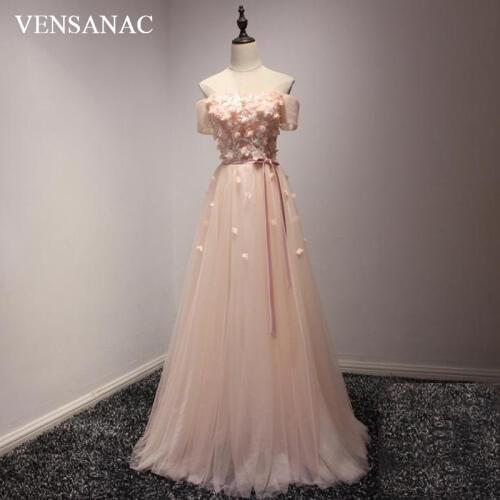 VENSANAC 2018 Boat Neck Flowers Appliques A Line Long Evening Dresses Elegant Lace Sash Tulle Party Prom Gowns