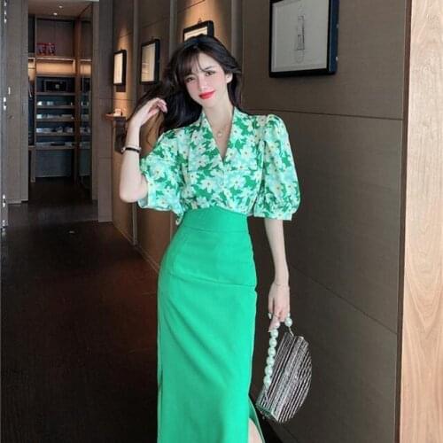 Hstar Womens Summer 2021 New Chiffon Shirt High-waisted Fork Skirt Two-piece Sets Lady Suits Temperament Royal Sister Set
