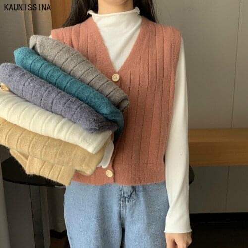 Women Spring Autumn Knitted Cardigan Tops Button Sweaters Sleeveless Vests Casual Cardigan Student Girls Short Sweater Vest