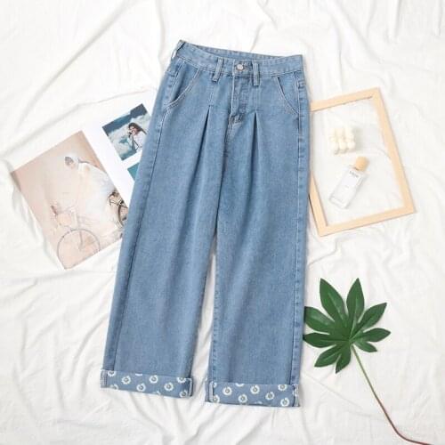 Harajuku Jeans Women Autumn 2021 Daisy Print High Waist Straight Pants Vintage Female Jeans Streetwear Women Clothing